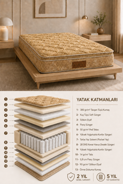Aura Comfort Ultra Full Ortopedik Pedli Tavşan Tüyü Torba Yaylı Yatak (Kahve)